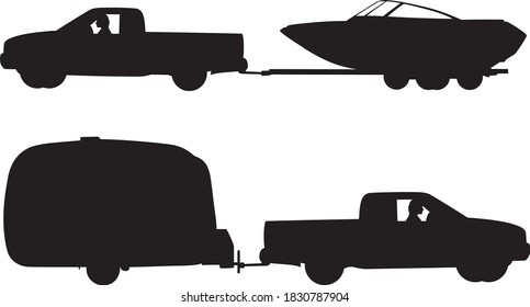 Silhouette of a car towing a boat and a caravan