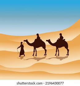 Silhouette caravan camel riders are hiking in the hot sun in the desert with sand mountain background. - Vector.