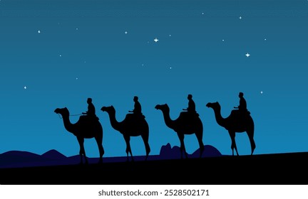 Silhouette of a caravan of camels and riders traversing a desert under a starlit night sky. The scene captures a peaceful journey, with a deep blue sky, stars, and a tranquil ambiance.Ideal for travel