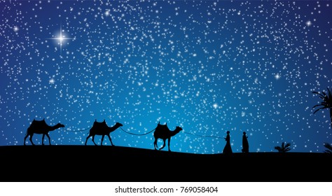 Silhouette of Caravan mit people and camels wandering through the deserts with palms at night and day. Vector Illustration. EPS10