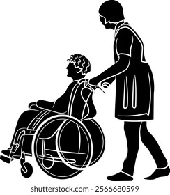 silhouette of a caregiver pushing an elderly woman's wheelchair