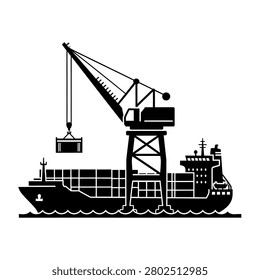Silhouette of a cargo ship being loaded with containers by a large crane at a dockside.