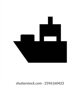 Silhouette of a cargo ship is illustrated in black with minimal details. The design features an abstract representation, emphasizing the vessels outline and structure on a white background.