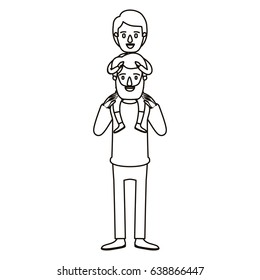 silhouette caricature bearded father with boy on his back vector illustration