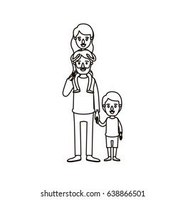 silhouette caricature bearded father with girl on his back and boy taken hands vector illustration