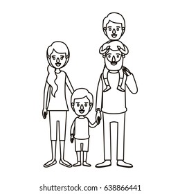 silhouette caricature family parents with boy on his back and girl taken hands vector illustration