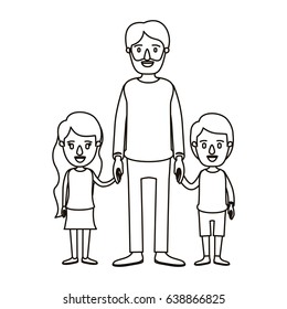 silhouette caricature full body bearded man taken hand with girl and boy vector illustration