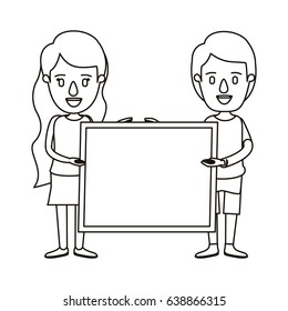 silhouette caricature full body couple holding a square poster vector illustration