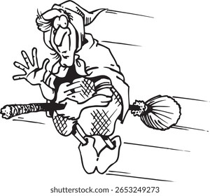silhouette caricature illustration of a witch using a broomstick