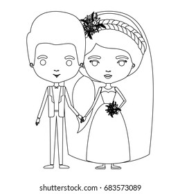 silhouette caricature newly married couple groom with formal wear and bride with ponytail side long hairstyle vector illustration