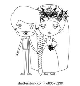 silhouette caricature newly married couple groom with formal wear and bride with braids hairstyle vector illustration
