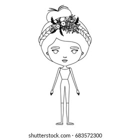 silhouette caricature skinny woman in clothes with bun collected hairstyle and flower crown accesory vector illustration