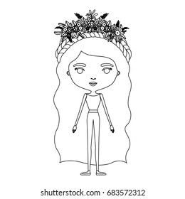 silhouette caricature skinny woman in clothes with wavy long hairstyle and flower crown accesory vector illustration