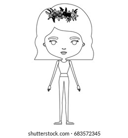 silhouette caricature skinny woman in clothes with wavy short hairstyle and flower crown accesory vector illustration