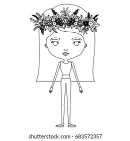 silhouette caricature skinny woman in clothes with straight medium hairstyle and flower crown accesory vector illustration