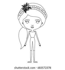 silhouette caricature skinny woman in clothes with side ponytail hairstyle and flower crown accesory vector illustration