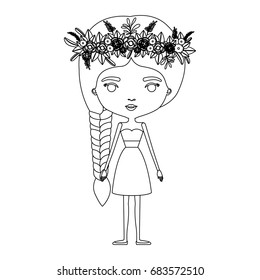 silhouette caricature skinny woman in clothes with side braid hairstyle and flower crown accesory vector illustration