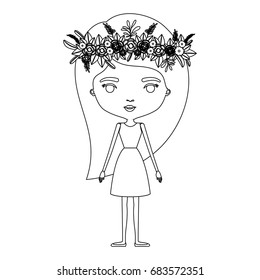 silhouette caricature skinny woman in dress with long hairstyle and flower crown accesory vector illustration