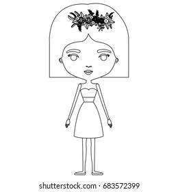 silhouette caricature skinny woman in dress with short hairstyle and flower crown accesory vector illustration