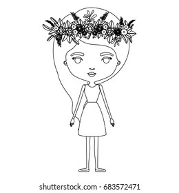 silhouette caricature skinny woman in dress with wavy side long hairstyle and flower crown accesory vector illustration