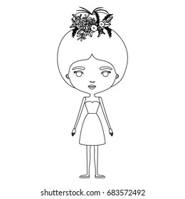 silhouette caricature skinny woman in dress with bun collected hairstyle and flower crown accesory vector illustration
