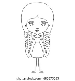 silhouette caricature skinny woman in dress with double braids hairstyle vector illustration