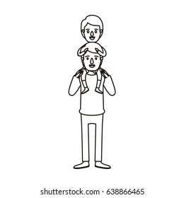 silhouette caricature young father with boy on his back vector illustration