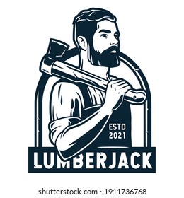Silhouette of carpenter or axeman. Woodworker and logger with axe in his hands. Monochrome logo of beardeded lumberjack