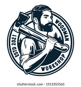 Silhouette of carpenter or axeman. Woodworker and logger with axe in his hands. Monochrome logo of beardeded lumberjack