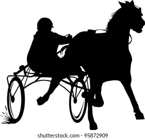 silhouette of a carriage; horse and rider on a horse race at the track;