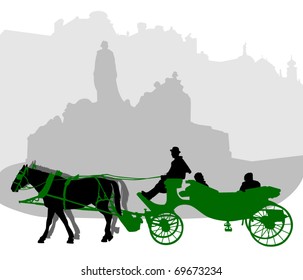 Silhouette of a carriage in Old Town Square in Prague near the monument to Jan Hus