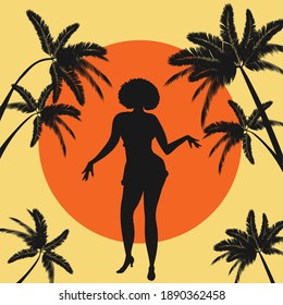 Silhouette of carribean, latin or african american woman dancing salsa, bachata, merengue, cha-cha, mambo or aother dance.