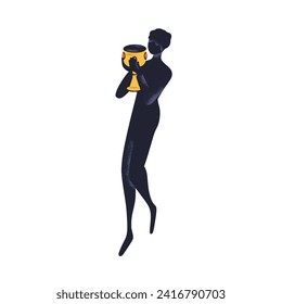 Silhouette carrying goblet, holy cup. Mysterious human holding magic occult sacred chalice. Old medieval wineglass in hands. Spiritual concept. Flat vector illustration isolated on white background