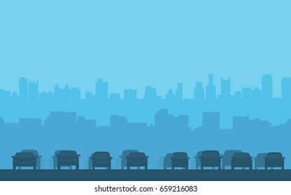 silhouette cars on highway road with city skyline in blue color background