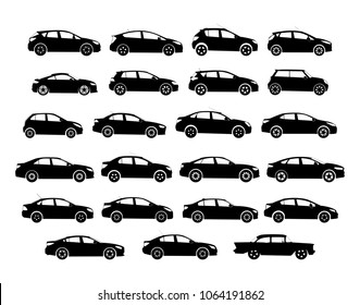 Silhouette cars on a white background. Vector illustration. Set of car silhouettes, black and white car silhouettes, logo isolated on grey background, vector illustration car logotype car silhouette