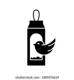 Silhouette Carton Bird Feeder. Outline Icon Of DIY Birdhouse. Black Illustration Of Handmade Street House For Feeding Birds From Milk Or Juice Package. Upcycled Craft. Flat Vector On White Background
