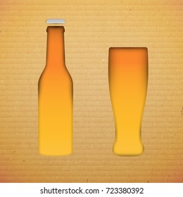 Silhouette cartoon bottle and glass for alcohol or juice in paper cut trendy craft style. Modern design for advertising, branding greeting card, cover, poster, banner. Vector illustration.