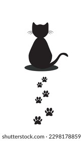 Silhouette of a cartoon cat with paw marks on a white background. Vector illustration