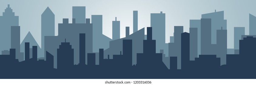 Silhouette of the cartoon city on shadow backgound. Urban vector symbol .