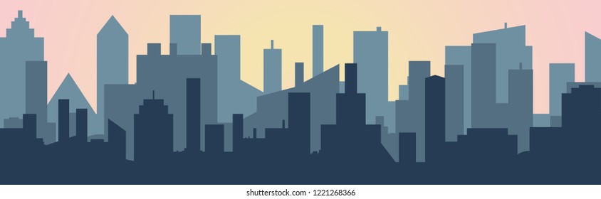 Silhouette of the cartoon city on shadow backgound. Urban vector symbol .