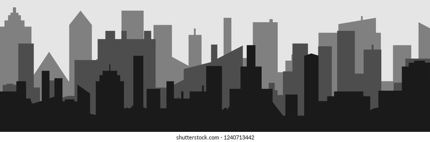 Silhouette of the cartoon city on shadow backgound. Urban vector symbol .