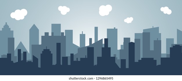 Silhouette of the cartoon city on shadow backgound. Urban vector symbol .