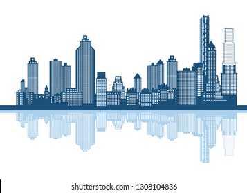Silhouette of the cartoon city with reflection. City vector symbol.