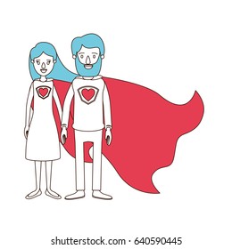 silhouette cartoon with color sections of full body couple parents super hero with uniform and cap vector illustration