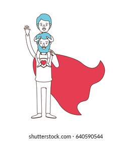silhouette cartoon with color sections of full body super dad hero with boy on his back vector illustration