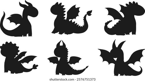 silhouette Cartoon cute dragon set. Vector illustration