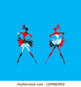 Silhouette cartoon dancer ballerina with abstract bright color pattern on blue background isolate idea of theatrical costume modern ballet festival theater performance poster