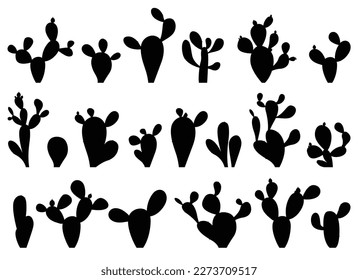 Silhouette cartoon desert cactus plants isolated on white