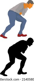 Silhouette cartoon of distressed man grab stomach in pain. Vector illustration.