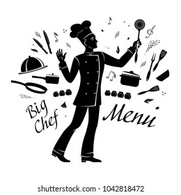 A silhouette cartoon drawing chef inspirationally conducts cooking utensils and spices, like a kapellmeister with a musical orchestra. Black vector illustration, isolated on background.